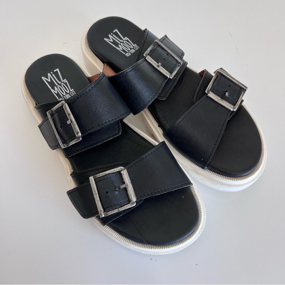 Miz Mooz Womens Peyton‎ Leather Buckled Slide Platform Sandal Black